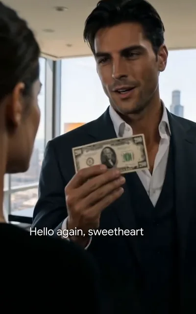 Frame ep03-f03 from episode 3 — Ryker holding the bill, recognizing her (ep3; subtitles as aired — Hello again, sweetheart.)