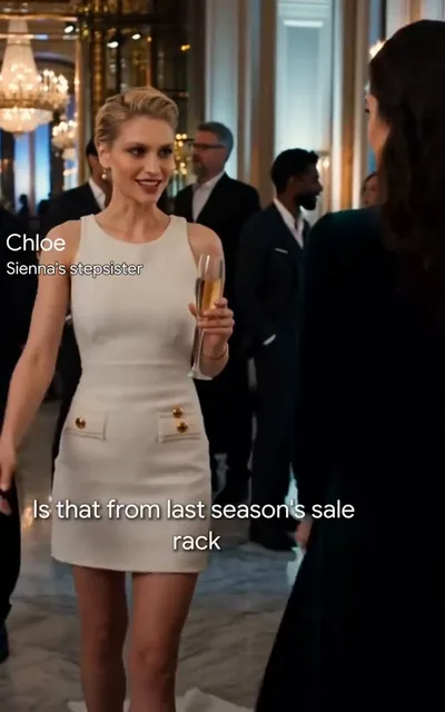 Frame ep05-f02 from episode 5 — Chloe in the white gown at the gala (ep5; subtitles as aired — Is that from last season's sale rack?)
