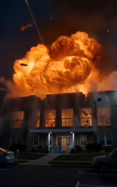 Frame ep01-f02 from episode 1 — The burning building exterior (ep1; subtitles as aired — Not dying here.)