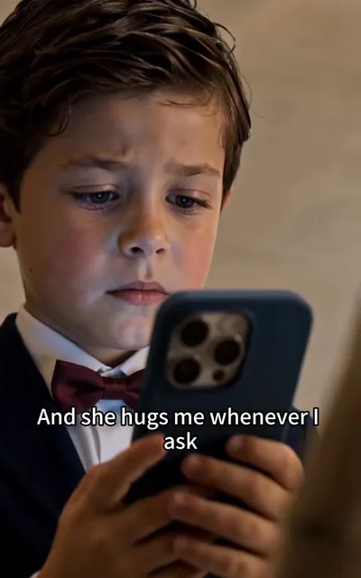 Frame ep02-f02 from episode 2 — A boy holding a phone (ep2; subtitles as aired — And she hugs me whenever I ask.)