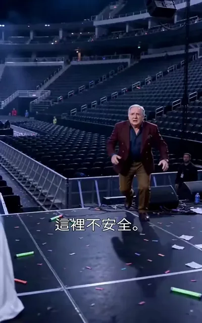 Frame ep02-f02 from episode 2 — An urgent warning on an empty stadium stage (ep2; subtitles as aired — It's not safe here.)