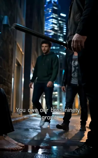 Frame ep03-f01 from episode 3 — Thugs confronting Julian about his debt (ep3; subtitles as aired — You owe our boss ninety grand)