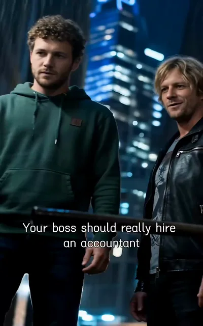 Frame ep03-f02 from episode 3 — Julian's witty retort to the debt collectors (ep3; subtitles as aired — Your boss should really hire an accountant)