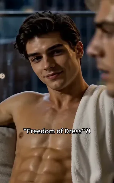 Frame ep03-f03 from episode 3 — The model challenges house rules with a teasing grin. (ep3; subtitles as aired — Freedom of Dress?!)