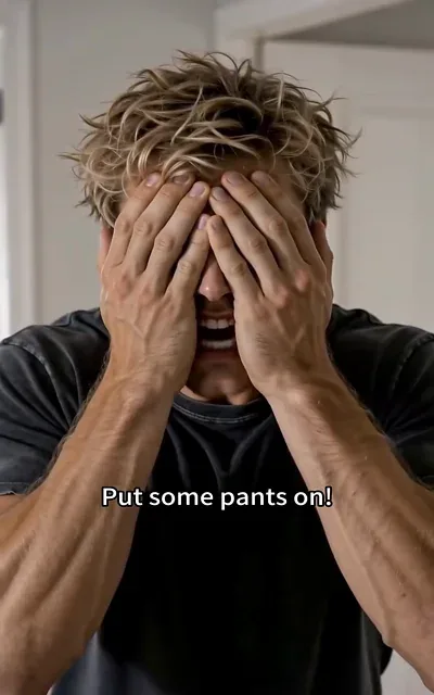 Frame ep04-f02 from episode 4 — The artist's flustered reaction to his half-dressed roommate. (ep4; subtitles as aired — Put some pants on!)