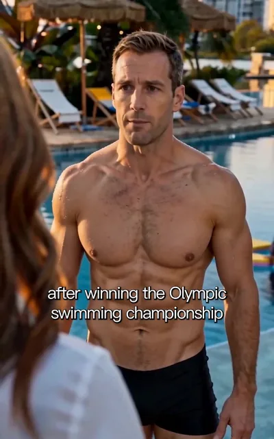 Frame ep01-f04 from episode 1 — Michael at the pool (ep1; subtitles as aired — After winning the Olympic swimming championship)