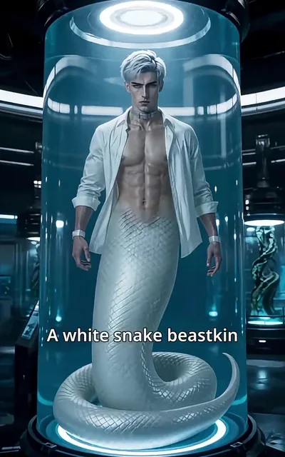 Frame ep01-f04 from episode 1 — Cyrus in the glass tank (ep1; subtitles as aired — A white snake beastkin)