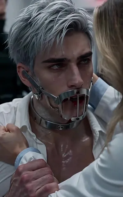 Frame ep02-f05 from episode 2 — Cyrus with the metal restraint (ep2; subtitles as aired — Blood soaked the white scales)