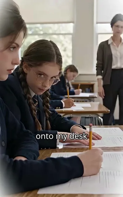 Frame ep01-f00 from episode 1 — The test day (ep1; subtitles as aired — She slipped a cheat sheet onto my desk)