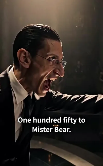 Frame ep01-f03 from episode 1 — Auctioneer at the podium (ep1; subtitles as aired — One hundred fifty to Mister Bear)