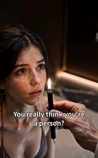 Frame ep01-f05 from episode 1 — Lena stares back, defiant (ep1; subtitles as aired — You really think you're a person)