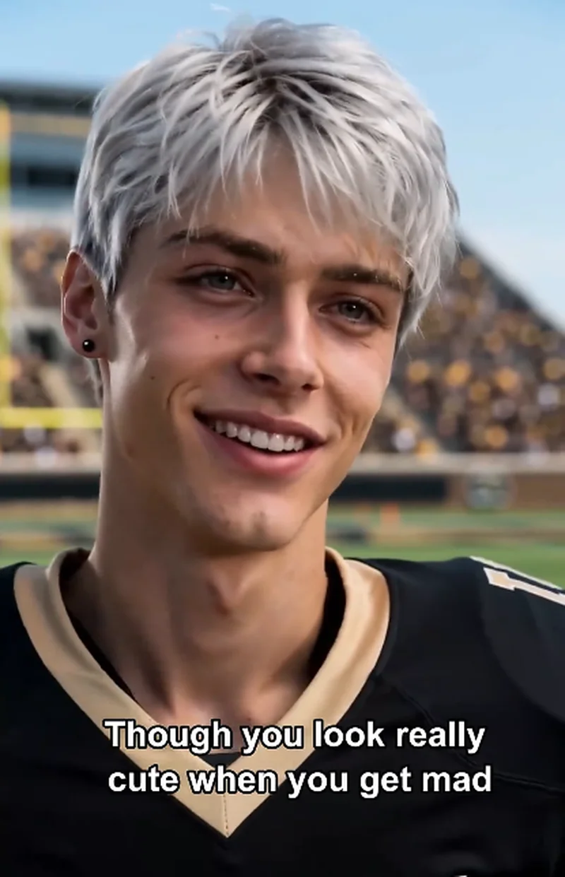 Close-up of Dylan (silver hair) gazing at Ethan with an affectionate smile, subtitle reads 