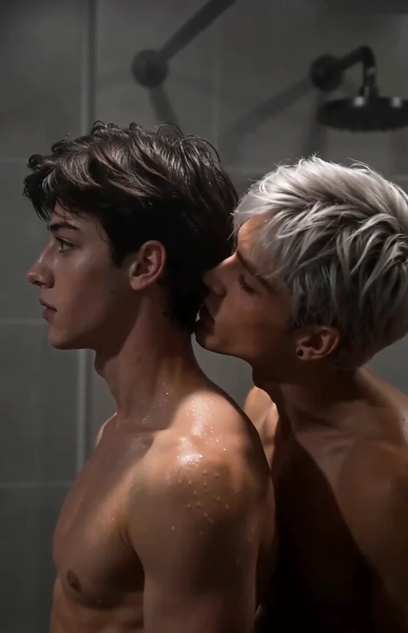 Dylan (silver hair, bare shoulders) stands behind Ethan (dark brown hair, bare chest) in a steam-filled shower, water droplets visible on both men's skin, showerheads in the background.