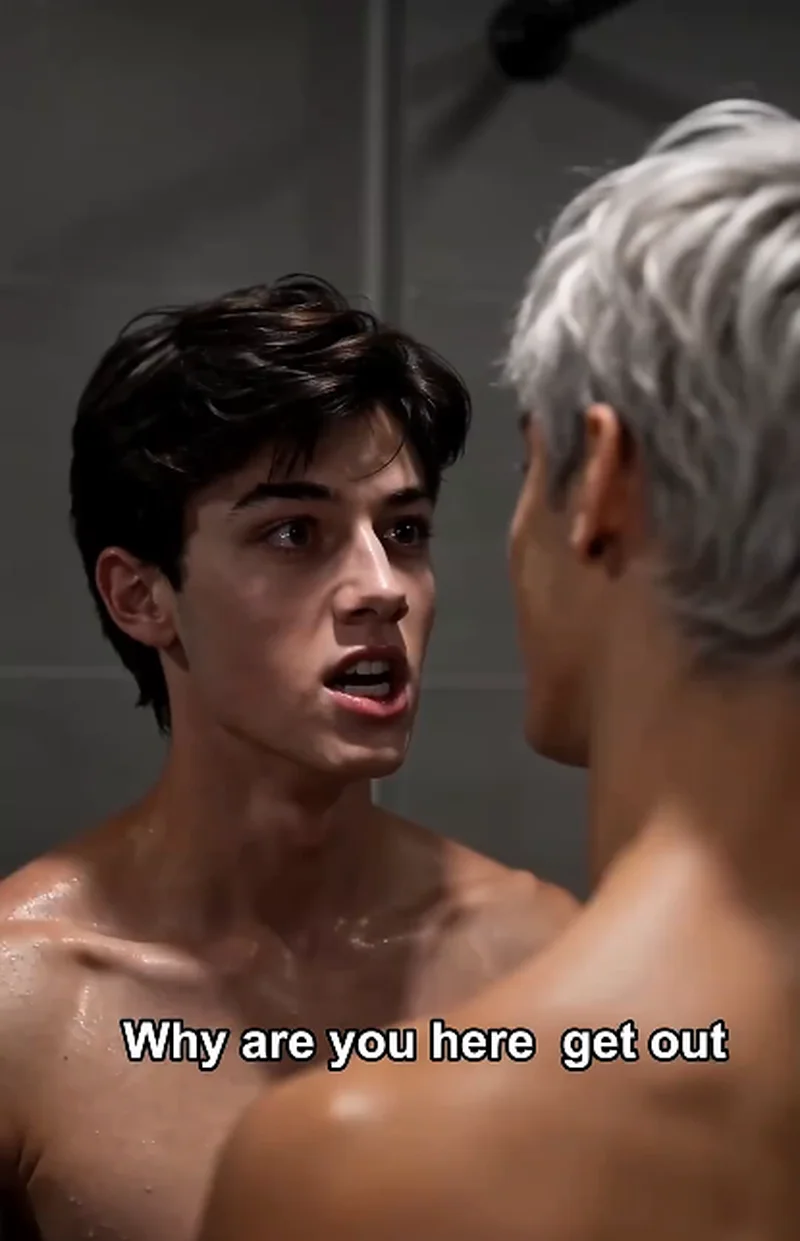 In the shower, a wet, bare-chested Ethan demands answers from Dylan, subtitle reads 