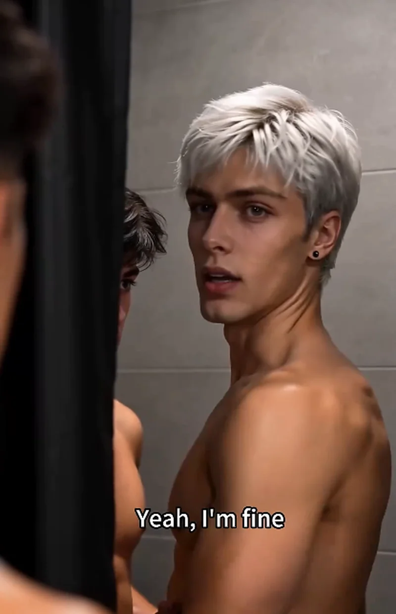 Bare-chested Dylan (silver hair, earring) glances sideways with a tense expression in the washroom, Ethan's reflection visible in the mirror behind him, subtitle reads 