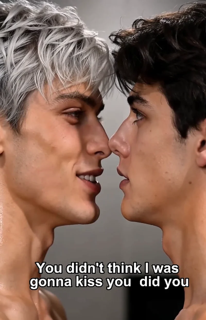 Dylan (silver hair, bare shoulders) and Ethan (dark brown hair, bare shoulders) face each other nose-to-nose in a gray-tiled shower room, subtitle reads 