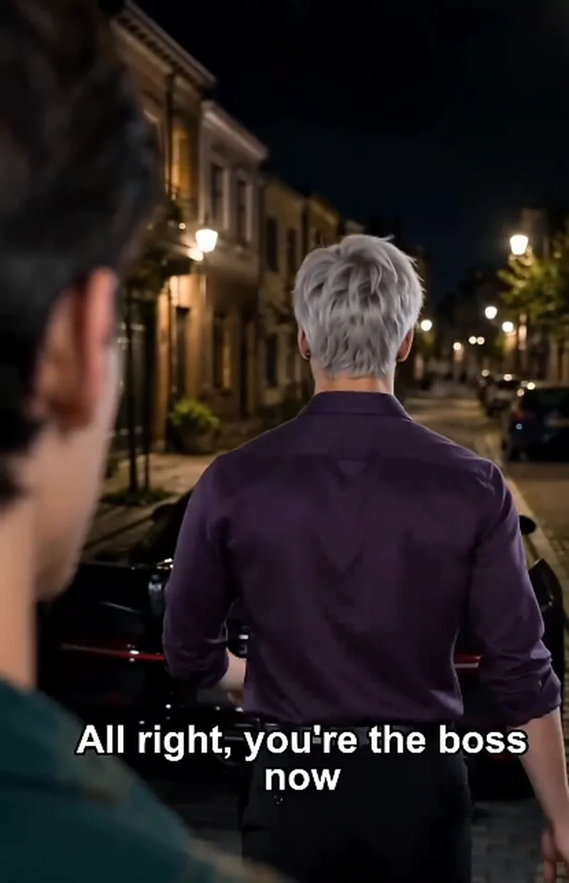 On a lamp-lit residential street at night, Dylan (silver hair, dark purple shirt) walks toward a parked car past the back of Ethan's head, subtitle reads 