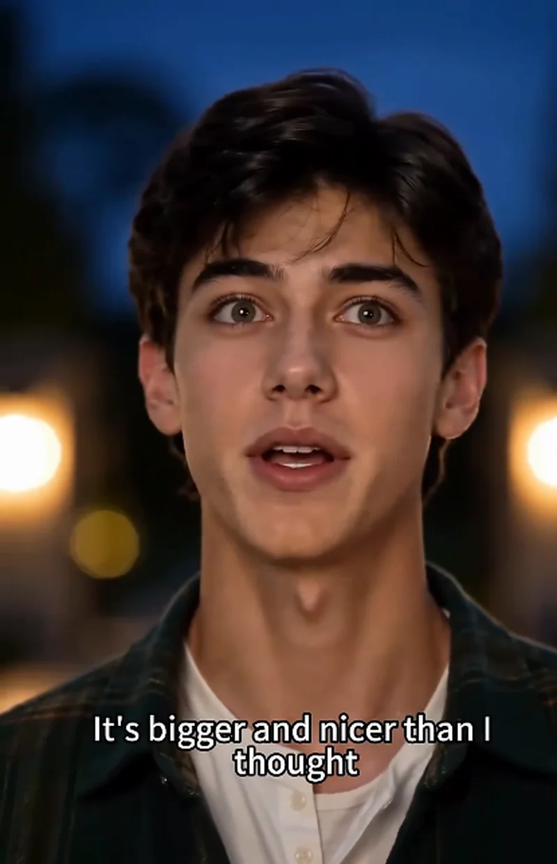 Close-up of Ethan (dark brown hair) wide-eyed and open-mouthed in surprise, warm streetlights blurred behind him, subtitle reads 