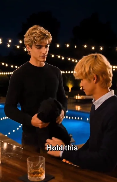 Episode 2 frame: 'Hold this' — a poolside exchange that carries more weight than the words suggest