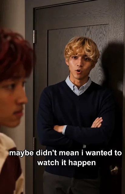Episode 3 frame: 'maybe didn't mean i wanted to watch it happen' — the doorway argument that reveals too much