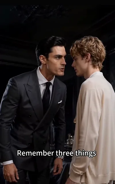 "Remember three things" — the arranged-marriage briefing: Kieran leaning in over a compliant Eli, a debt contract wearing the shape of a wedding (ep1, subtitles as aired)