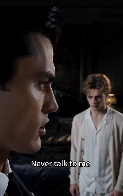 Kieran in an angry profile with Eli blurred just behind him — the household’s first open hostility, staged exactly as shot (ep1; conflict frame as aired, not amplified)