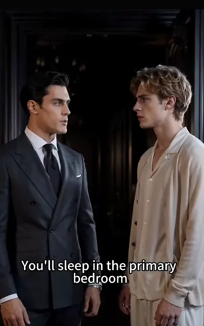 "You'll sleep in the primary bedroom" — the cohabitation terms delivered like a clause in a contract, both husbands framed under one roof for the first time (ep1, subtitles as aired)