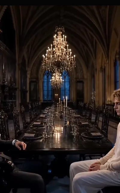 The mansion’s gothic ballroom, vaulted and cold, Eli small and composed inside it — the scale of the house against the man it bought, and the source of this page’s key art (ep2)
