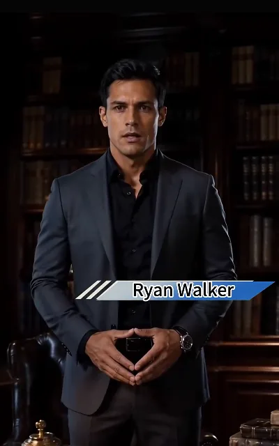 A platform character card as aired: the caption strip names him Ryan Walker, a dark-suited figure in the study — a name the platform presents and the synopsis never mentions, recorded as shown and not further anchored (ep2)