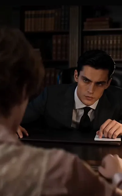 Kieran appraising from the study, a blurred shoulder in the foreground — the heir watching what he dismissed start to slip away (ep4)