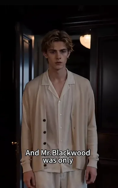 "And Mr.Blackwood was only" — Eli in sleepwear at a doorway, the surname landing from his own mouth; the line is cut off mid-sentence as aired (no completion supplied) (ep4, subtitles as aired)