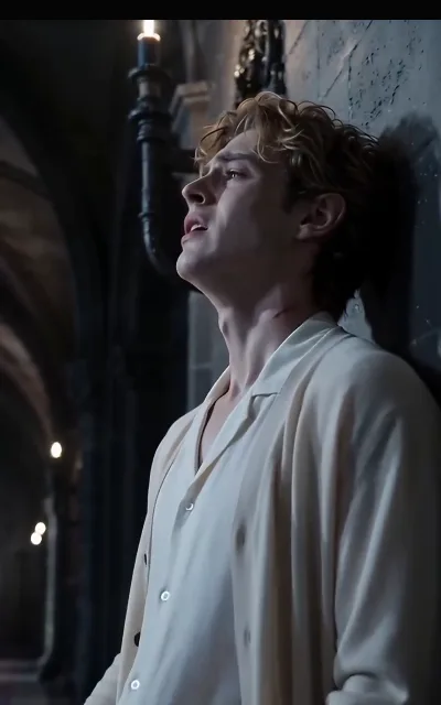 Eli against the castle stone, enduring, faint red marks at his neck — the aftermath of a marriage that takes more than it gives, staged exactly as shot (ep4; scar-implied frame as aired, not amplified)
