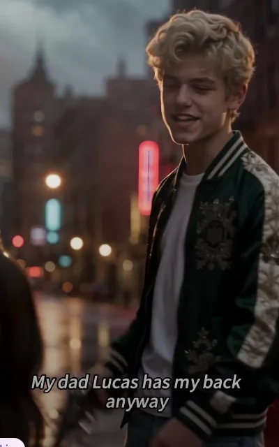 Blond boy in green-and-white embroidered baseball jacket smirks, subtitle: My dad Lucas has my back anyway