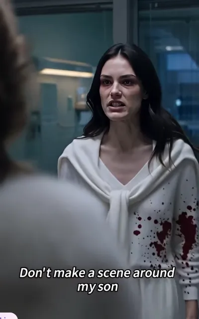 Valencia, dark hair and cream knit top, cold and unyielding, subtitle: Don't make a scene around my son