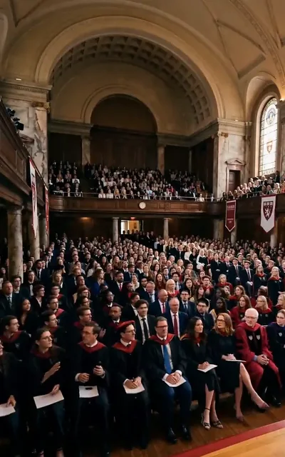 The graduation hall at full capacity — the ceremony that opens the series, under old-university stone and banners