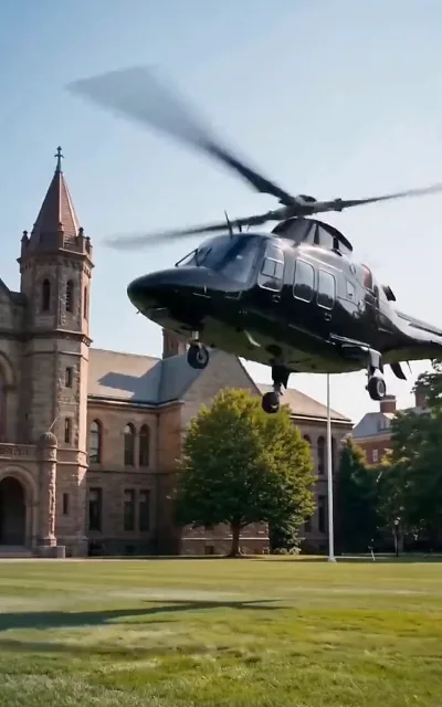 A black helicopter descends onto the manicured campus lawn — the underworld's idea of a school visit