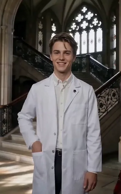 The doctor in his white coat on the gothic staircase — the calm before Silas returns (ep4)