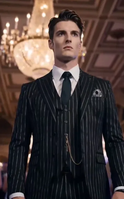 Silas in a pinstripe three-piece under the chandelier — the dark president at leisure (ep6)