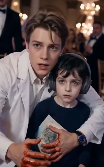Blood-stained hands shielding the boy — the doctor's two lives collide in one frame (ep6)