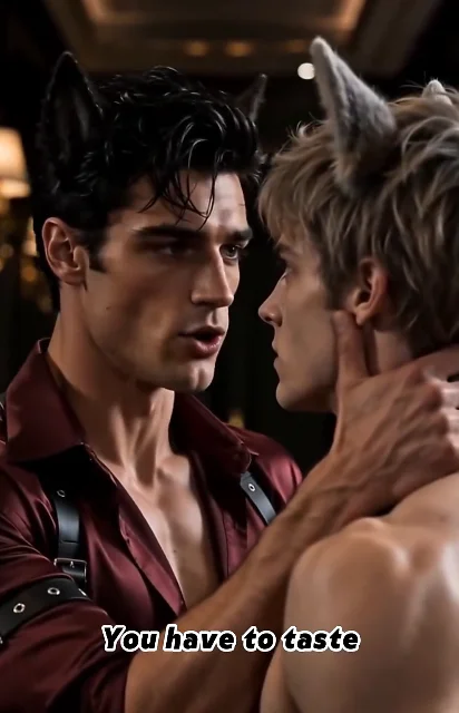 Episode 1 frame: Wren in white deep-V vest and silver chain, an intimate close-up with Alpha presence — the Omega visual line anchor