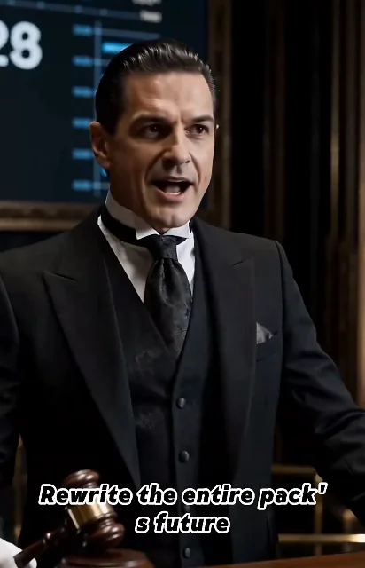 Episode 1 frame: the auction hammer falls as a father declares 'Rewrite the entire pack's future' — the patriarch villain and systemic threat setup