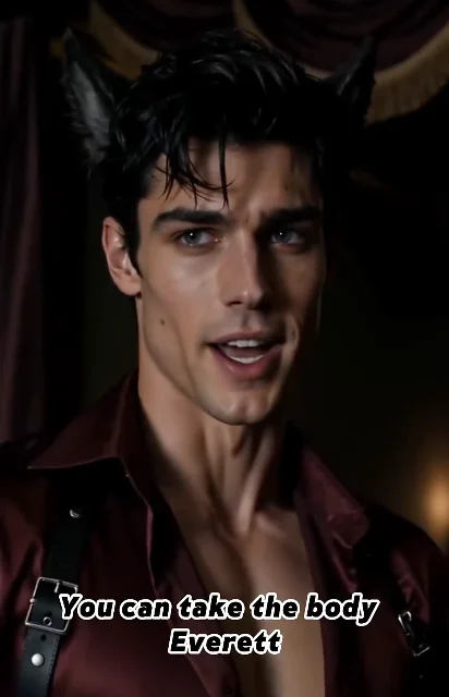 Episode 1 frame: Everett in wine-red satin shirt, 'You can take the body / Everett' subtitle — Alpha Everett nameplate frame
