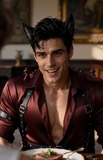Episode 3 frame: Everett seated at a dining chair, warm smile in wine-red satin — the Alpha brother avatar source