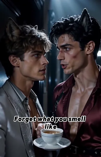 Episode 3 frame: Everett and Dashiell face-off, bruised and sweating, 'Forget what you smell like' subtitle — dual-Alpha tension with pheromone stakes, as aired