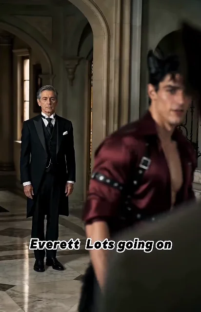 Episode 3 frame: manor interior with Everett in frame, 'Everett — Lots going on' subtitle — the Alpha brother's domain