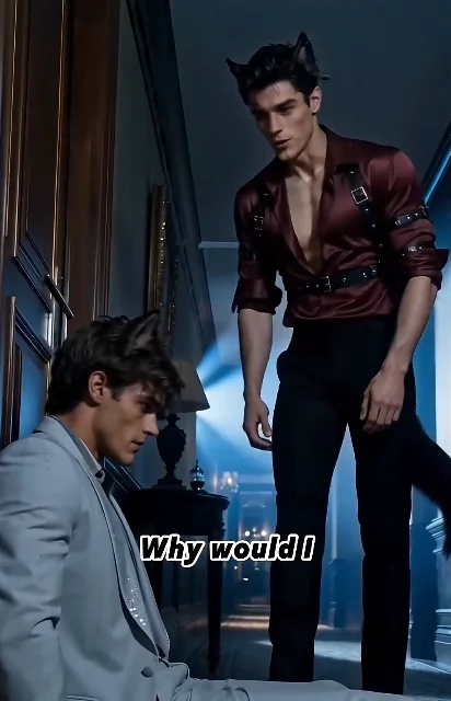Episode 4 frame: three-way standoff in formal attire — the Omega between both Alphas, pack politics visualized
