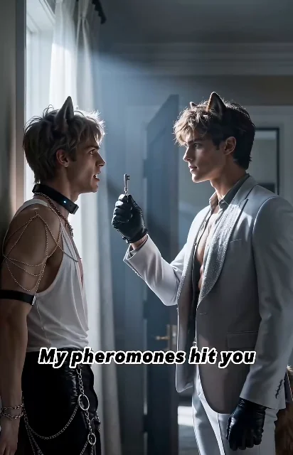 Episode 4 frame: close-up intensity, 'My pheromones hit you' subtitle — ABO scent-marking stakes, as aired