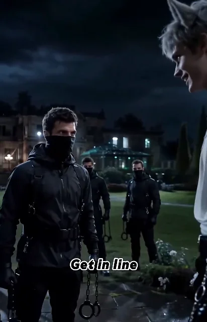 Episode 5 frame: three masked tactical men with cuffs confront Wren, 'Get in line' subtitle — the father's enforcers, villain attribution frame, as aired