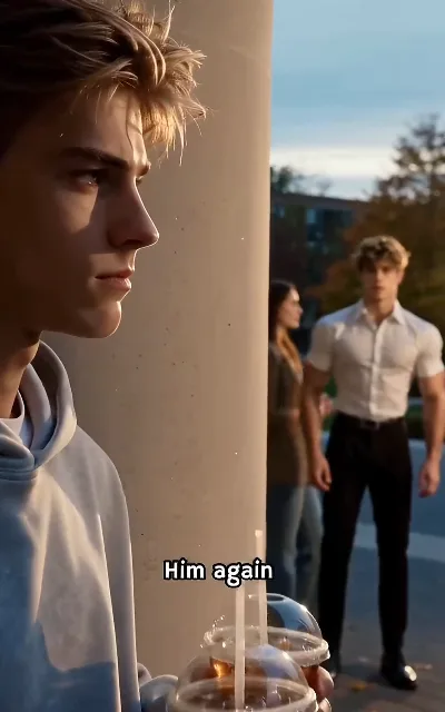 "Him again" — Liam with iced drinks in hand, ducking behind the pillar as he watches Ethan with Chloe (ep1, subtitles as aired)