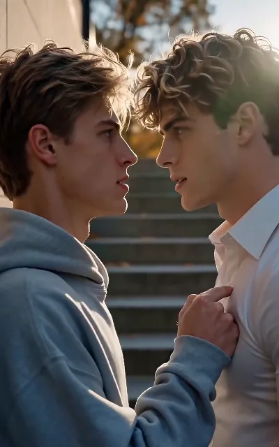 The collar-grab standoff in golden-hour backlight — the two roommates nose to nose, the feud somewhere between hostile and something else (ep1)